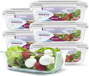 Kit 15 Potes Herméticos de Vidro + 10 Copos de Vidro Aruba de Brinde