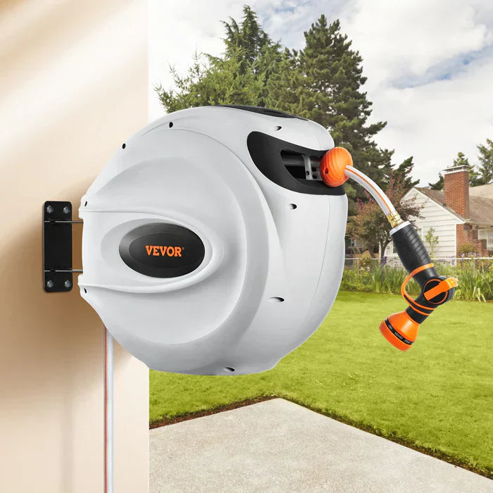 Mangueira Retrátil Carretel VEVOR 40m x 1/2" com Suporte de Parede Giratório 180°, Bico com 9 Jatos e Enrolamento Automático – Para Jardim, Quintal, Lavagem de Carros