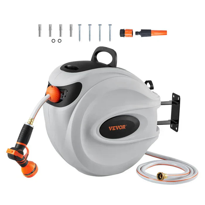 Mangueira Retrátil Carretel VEVOR 40m x 1/2" com Suporte de Parede Giratório 180°, Bico com 9 Jatos e Enrolamento Automático – Para Jardim, Quintal, Lavagem de Carros